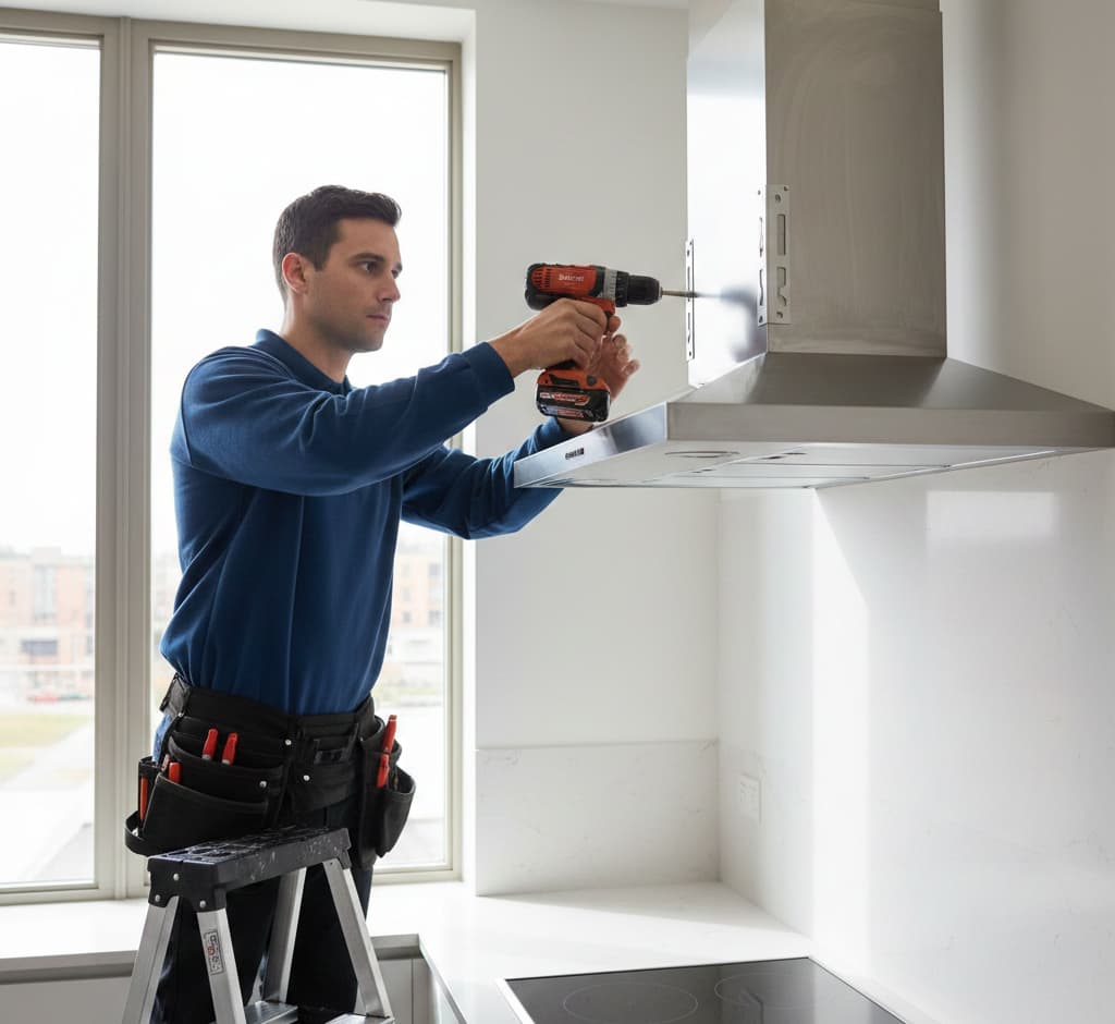 Instalación de campana extractora realizada por profesional, verificando nivel y altura sobre la encimera.